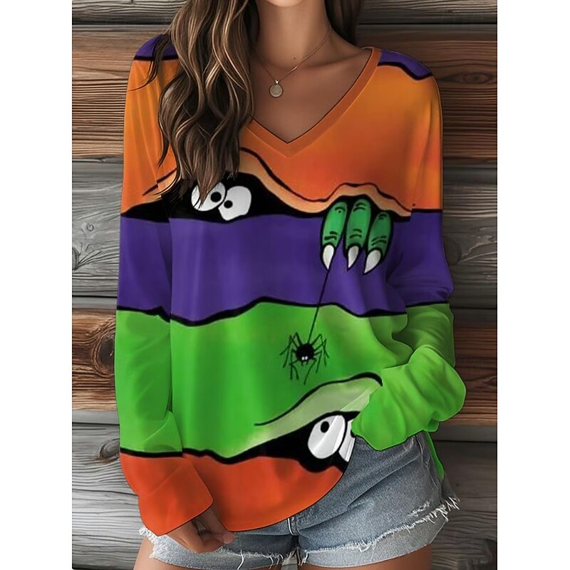 Halloween Women's T shirt Monster Graphic Vintage Stylish Classic Long Sleeve V Neck Regular Tops Daily Weekend Print Black Orange Khaki Spring Fall