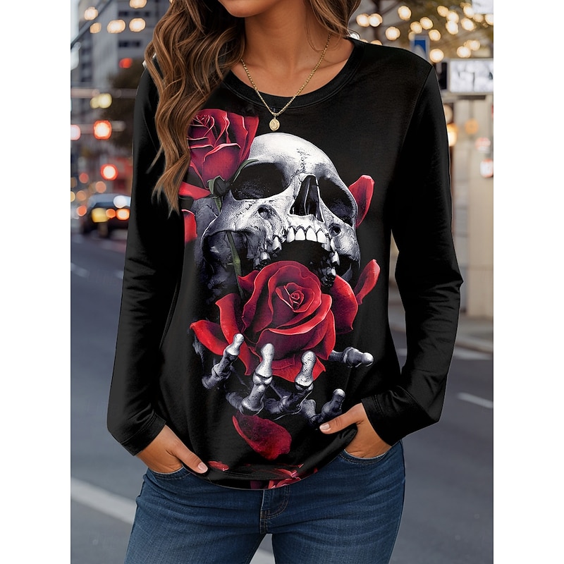 Halloween Women's T Shirt Skulls Graphic Vintage Fashion Casual Long Sleeve Crew Neck Regular Tops Daily Weekend Print Pink Red Blue Gray Spring Fall2
