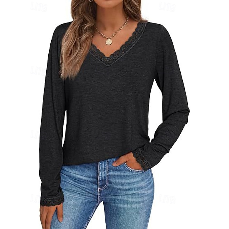 Women's Shirt Blouse Plain Modern Casual Long Sleeve V Neck Regular Tops Daily Holiday Going out Lace Patchwork Black White Wine Blue Fall