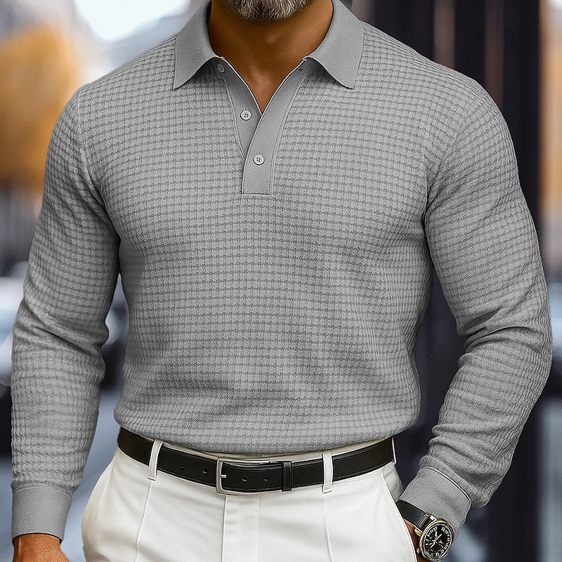 Men's Waffle Polo Shirts Golf Shirt Street Casual Lapel Long Sleeve Basic Modern Plain Textured Buttons Spring Fall All Seasons Regular Fit Black White Yellow Gray Waffle Polo Shirts