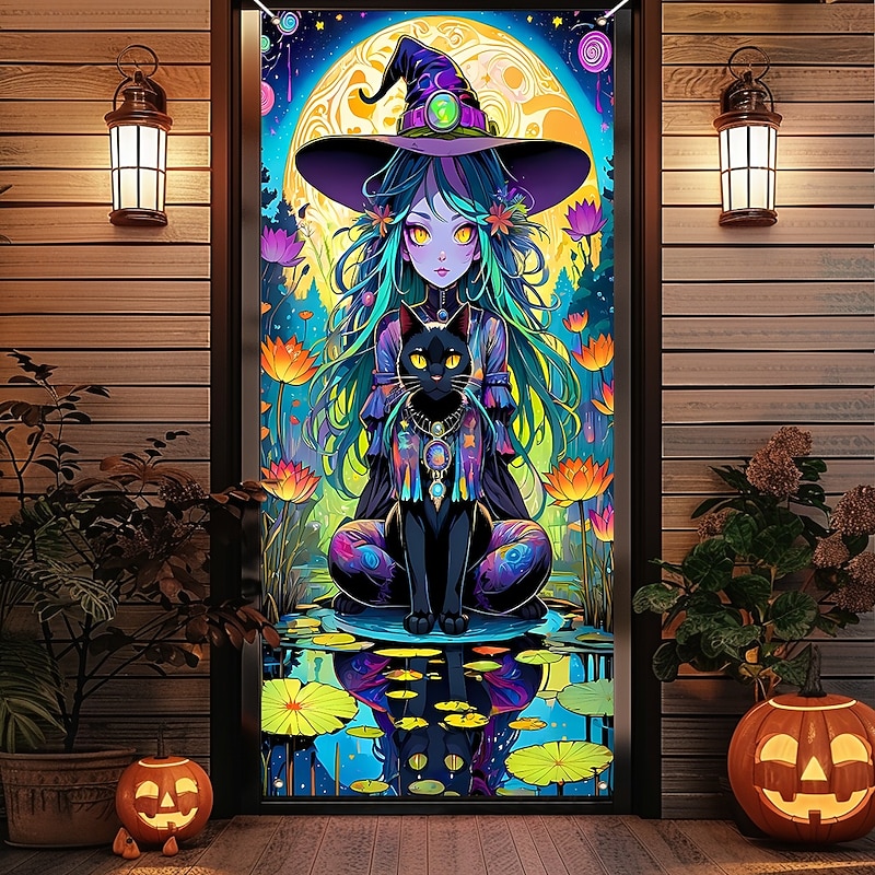 Halloween Door Cover Outdoor Banners Witch Cat Anime 3D Party Outdoor Shooting Backgrounds Front Door Wall Porch Home Decor