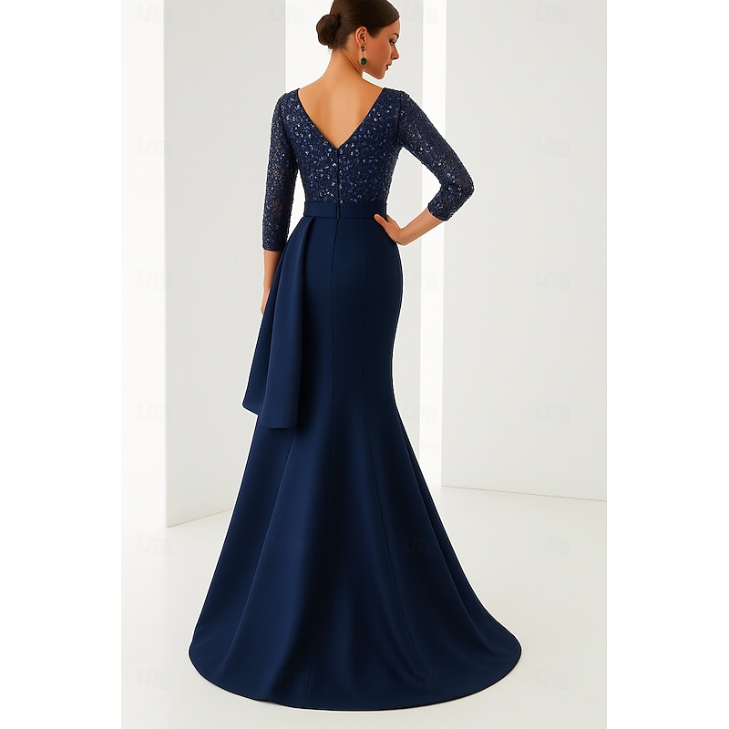 Blue Black Mermaid Evening Gown Elegant Dress Formal Wedding Floor Length Long Sleeve Boat Neck Champagne Mother Of the Bride Dress Satin with Glitter Ruffles 20252