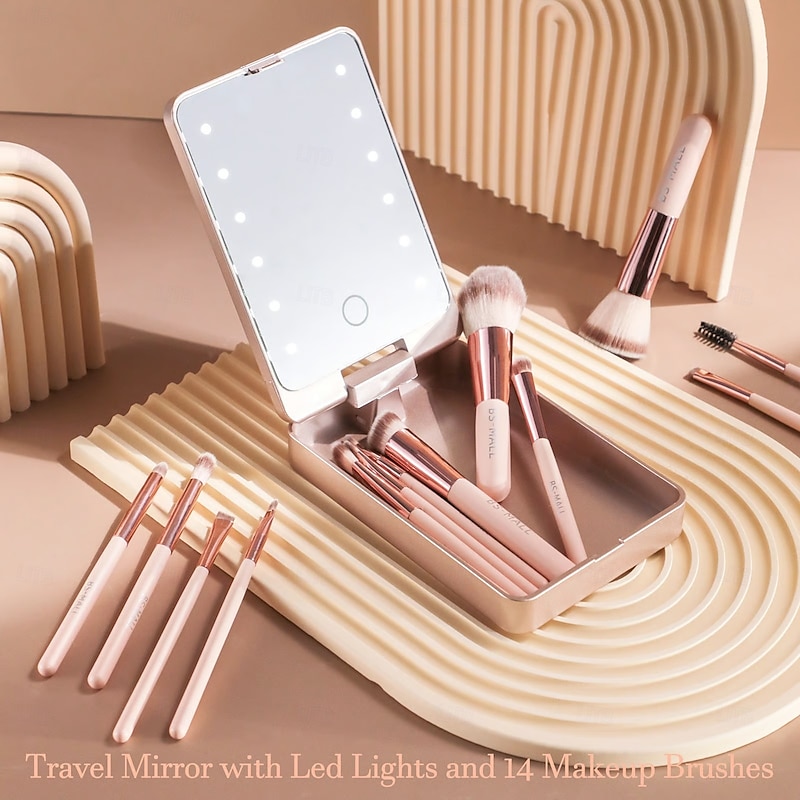 Travel Makeup Brush Set With LED Light Portable Cosmetic Mirror Compact Folding Vanity Mirror With Lighting Handheld Desktop Makeup Tools For Women Girls