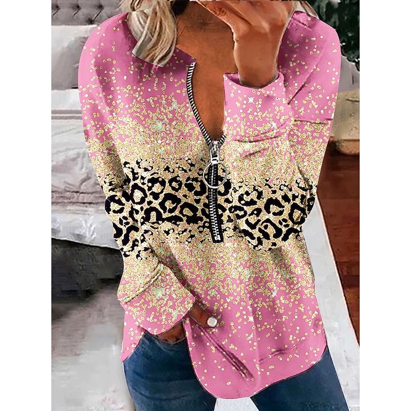 Women's Pullover Sweatshirt Zip Up Sweatshirts Graphic Animal Leopard Fashion Casual Long Sleeve Crew Neck Regular Tops Street Dailywear Zipper Print Light Pink Light Green Blue Purple Spring Fall2