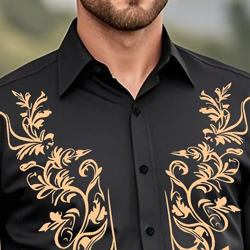 Men's Floral Print Ethnic Flowers Shirt Western Shirt Cowboy Shirt Long Sleeve Vintage Retro Outdoor Vacation Spring Fall Turndown 3D Print Linen Like Shirt Black Grey Black Green Black Black+Blue3