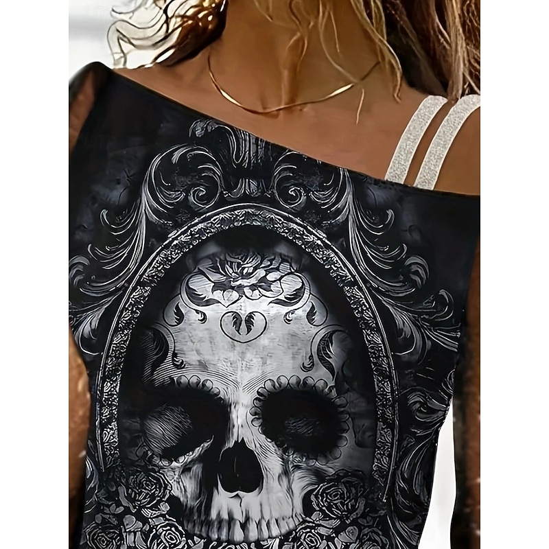 Halloween Women's Blouse Stylish Casual Beach Long Sleeve Asymmetrical Regular Tops Daily Print Black Summer Spring Fall2