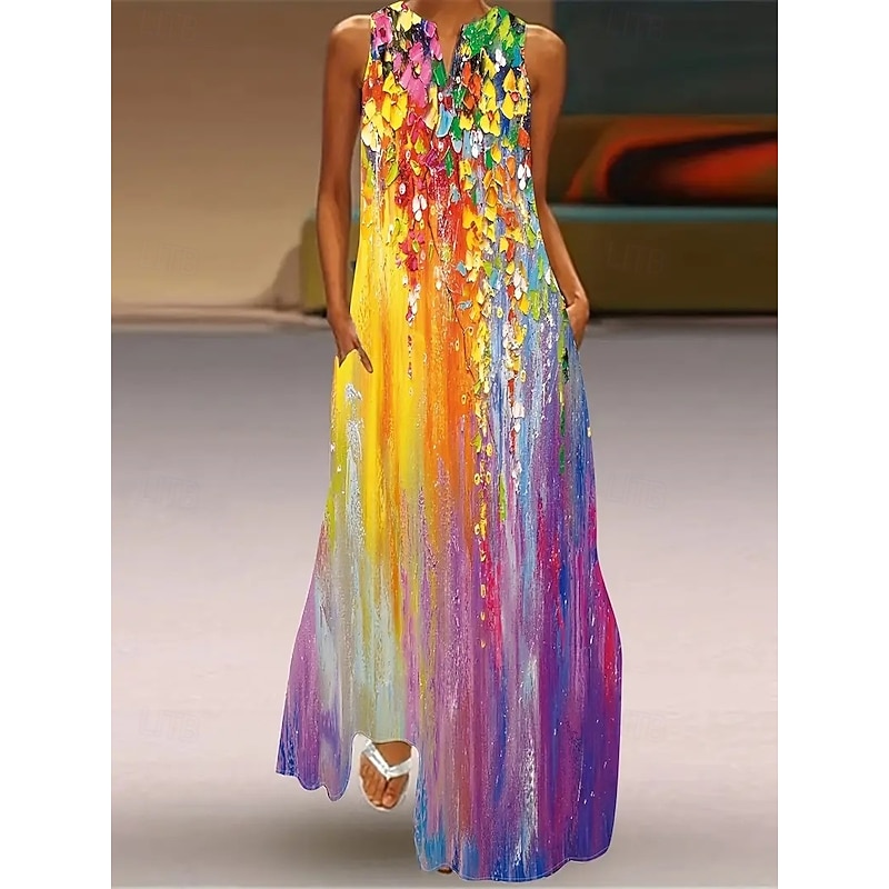 Women's Maxi Dress Sheath Dress A Line Dress Fit And Flare Dress Party Birthday Casual Party Office Wedding Guest Regular Fit Floral Color Block Sleeveless V Neck Rainbow Spring Fall Winter Autumn