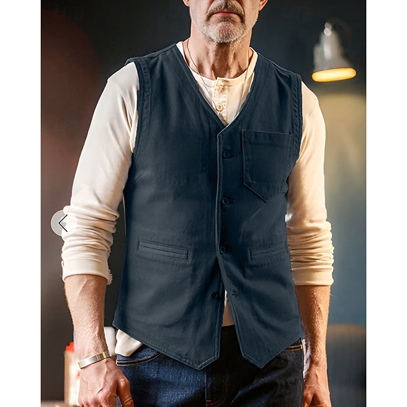 Men's Vest Gilet Outdoor Daily Fashion Casual Spring Fall Pocket Buttons Polyester Comfortable Plain Single Breasted One-button V Neck Regular Fit Navy Blue Gray Vest3