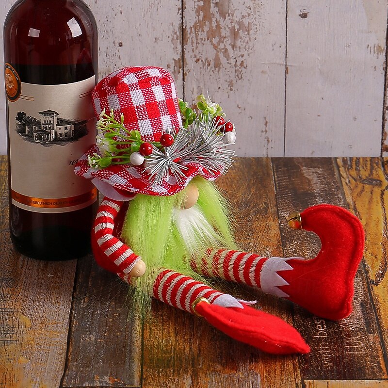 Christmas Cute Long Leg Doll with Green Beard Red White Plaid Hat No Face Plush Home Decoration Festive Holiday Figurine Gift Idea2