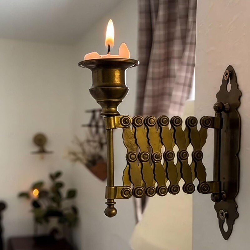Extending Taper Candle Holder, Vintage Wall-Mounted Candle Holder, Aged Brass Candle Display Metal Candlestick Accordion Sconces, Antique French of Accordion Sconces for Living Room3