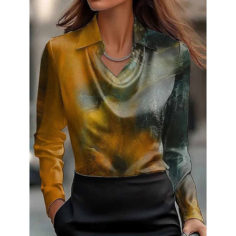 Women's Shirt Dressy Tops Formal Work Shirt Graphic Geometric Elegant Stylish Casual Long Sleeve Cowl Neck V Neck Regular Tops Party Evening Wear Daily Ruched Draped Yellow Brown Green Spring Fall3