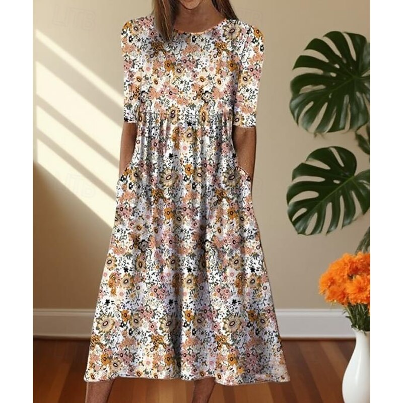 Women's Midi Dress Casual Dress Print Dress Basic Romantic Casual Vacation Daily Fall Dress Regular Fit Floral Graphic Half Sleeve Crew Neck Yellow Blue Orange Fall2