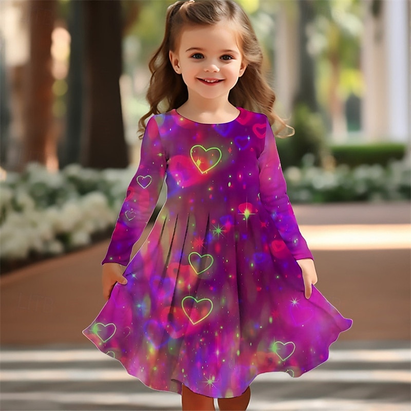 Girls' 3D Heart Dress Long Sleeve Summer Spring Vacation Daily Holiday Princess Beautiful Sweet Kids 4-12 Years Casual Dress A Line Dress Knee-length Regular Fit