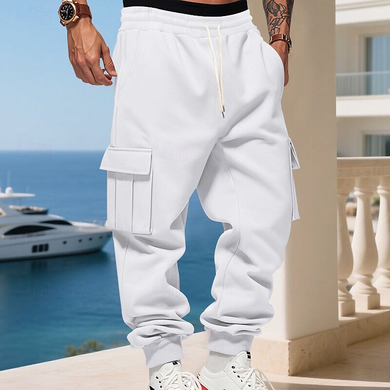 Men's Sweatpants Fleece Pants Joggers Winter Pants Cargo Sweatpants Drawstring Pocket Elastic Waist Plain Comfort Warm Sports Outdoor Daily Fashion Casual Black White Micro-elastic3