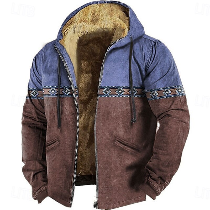 Men's Aztec Fleece Hoodie Sweatshirt Ethnic Vintage Retro Long Sleeve Crew Neck Outdoor Streetwear Lake blue Blue Drawstring Fall Winter Designer2