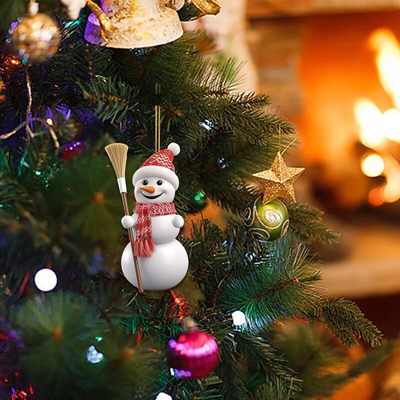 5pcs Snowman Acrylic Christmas Tree Ornament Cute Snowman with Hat and Broom Christmas Hanging Decorations for Christmas Tree Hanging Ornaments3