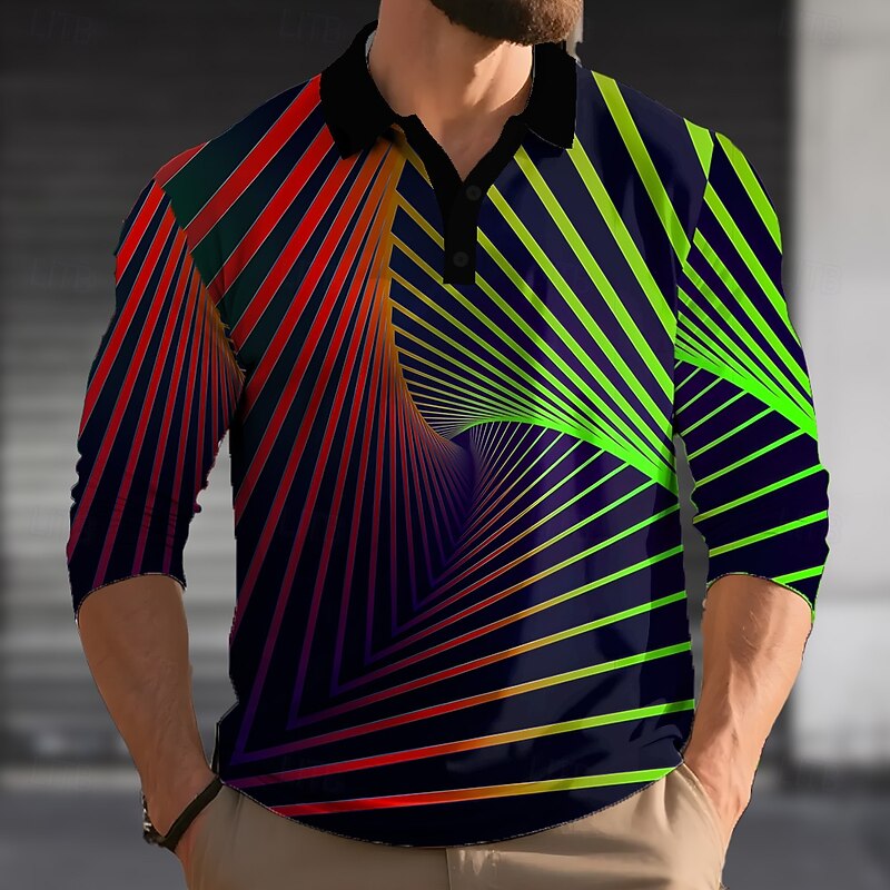 Men's 3D Geometic Polo Long Sleeve Polo Shirts Lapel Casual Outdoor Street Athleisure Daily Wear 3D Print Buttons Spring Fall Winter Lake blue Red Green3