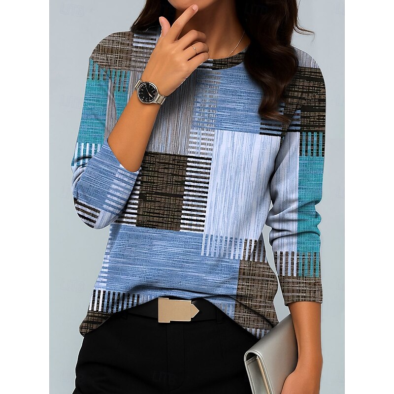 Women's Hoodies Graphic Geometric Color Block Vintage Fashion Casual Long Sleeve Crew Neck Round Neck Regular Tops Casual Print Blue Purple Green Khaki Fall Winter2