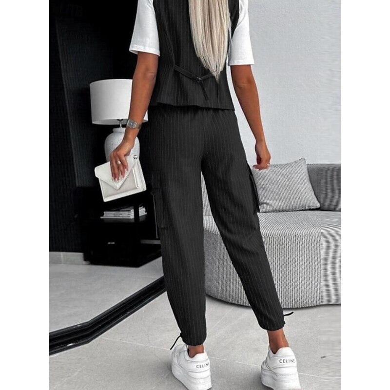 Women's Fashion Streetwear Pants Sets Sleeveless V Neck Striped Print Casual Daily Black White Green Summer Regular Fit3