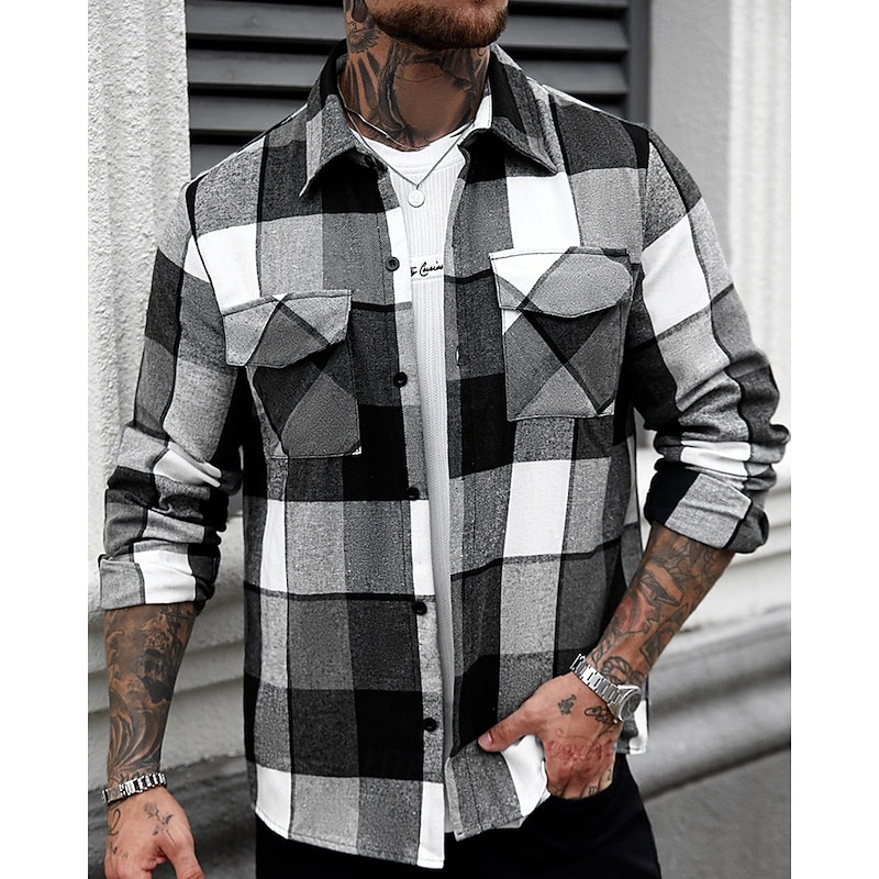 Men's Lightweight Jacket Shirt Jacket Casual Jacket Shacket Vacation Daily Breathable Pocket Spring Fall Plaid Fashion Classic Lapel Regular Black Jacket2
