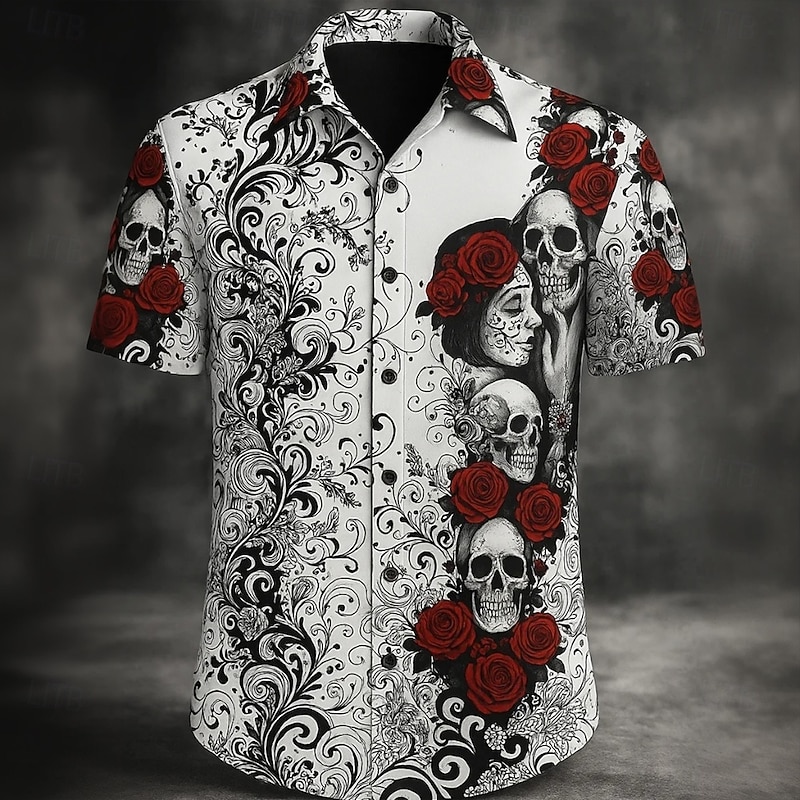 Men's Skull Halloween Costumes Day of the Dead Shirt Button Up Shirt Short Sleeve Dark Punk Gothic Style Holiday Summer Spring Turndown 3D Print Collared Shirts Black White