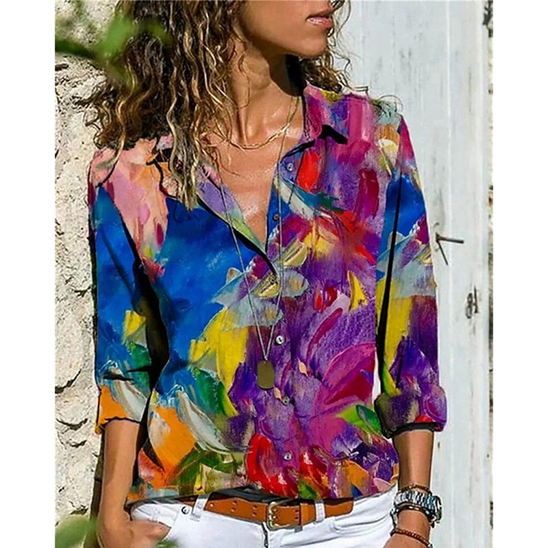 Women's Shirt Blouse Color Block Modern Casual Long Sleeve Shirt Collar Regular Tops Daily Holiday Buttons White and Blue Black Red Royal Blue Sky Blue Summer