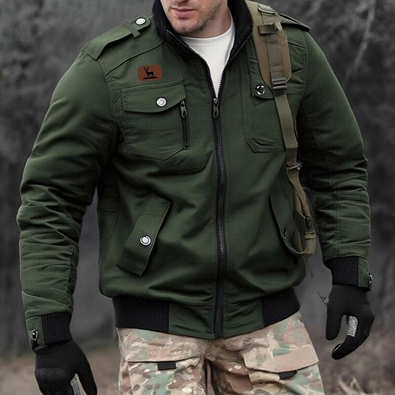 Men's Graphic Reindeer Military Jacket Coat Tactical Jacket Thermal Warm Casual Outdoor Dailywear Multiple Pockets Cotton Bomber Jackets with Shoulder Straps Fall Winter Stand Collar Long Sleeve