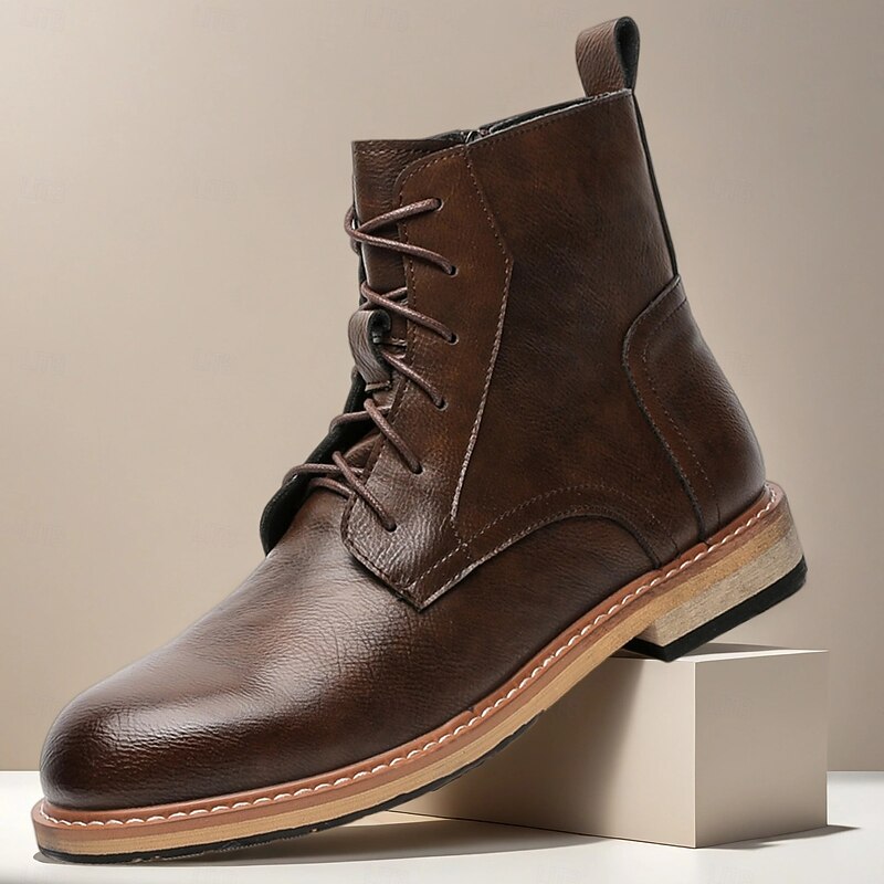 Men's Brown Faux Leather Lace-Up Ankle Boots, Classic Casual Outdoor Footwear for Work and Daily Wear