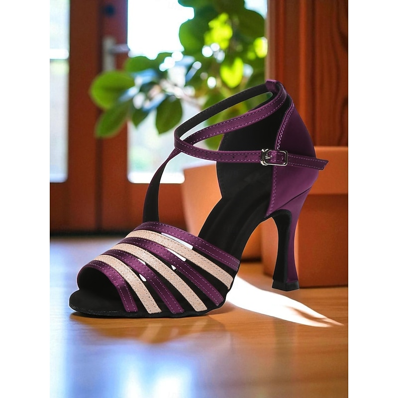 Women's Purple Strappy Satin Dance Heels with Glitter Accents - Professional Gatsby Party Ballroom Shoes4