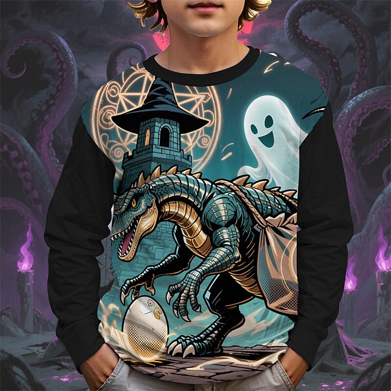 Halloween Boys' 3D Cartoon Dinosaur Ghost T shirt Tee Long Sleeve Spring Fall Fashion Basic Kids 4-12 Years Crew Neck Outdoor Casual Daily Regular Fit4