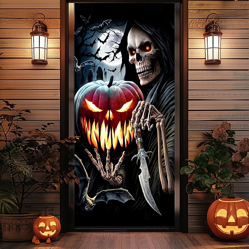 Halloween Door Cover Outdoor Banners Grim Reaper Pumpkin Psychedelic Dark Punk Gothic Style Party Outdoor Shooting Backgrounds Front Door Wall Porch Home Decor4
