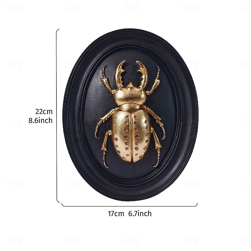Golden Beetle Wall Decor, Black Oval Frame Insect Ornament, Handmade ABS Resin Sculpture, Collectible for Insect Enthusiasts, Ideal for Bug Museum, Themed Party, and Home Wall Decoration4