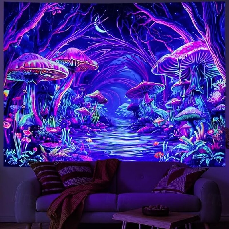 Mystic Mushroom Forest Blacklight Tapestry – Trippy Glow in the Dark Wall Hanging for Bedroom or Dorm Decor