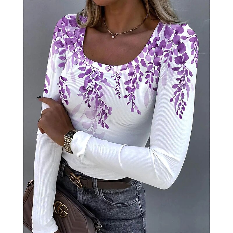 Women's T Shirt Ribbed Graphic Square Neck Long Sleeve Casual Tunic Floral Plants Vintage Stylish Regular Tops Daily Print Blue Purple Green Khaki Spring Fall3