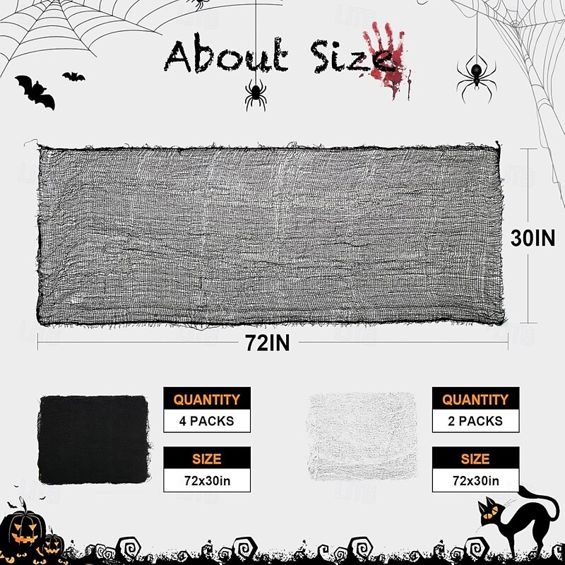 6Pcs Halloween Gauze Cloth, Creepy Cloth, 30×72 Inch Creepy Fabric Halloween for Haunted House Supplies, Party Outdoor, Indoor (4 Black+2 White)3