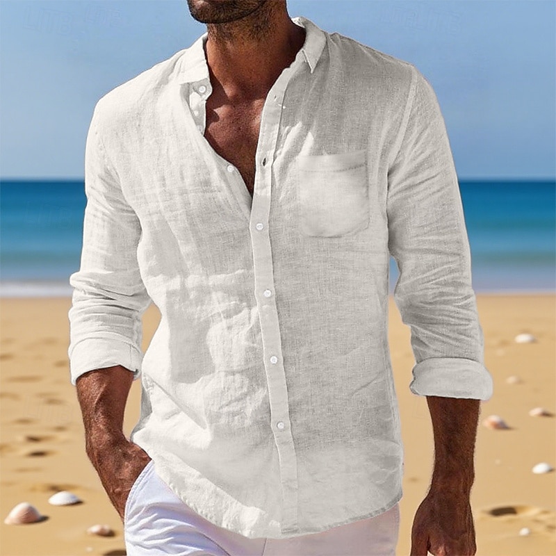 Men's Shirt Linen Shirt Summer Shirt Button Down Shirt Beach Shirt Untucked Shirts Plain Vacation Daily Wear Black White Light Green Pink Long Sleeve Turndown Summer Spring &  Fall Clothing Apparel2