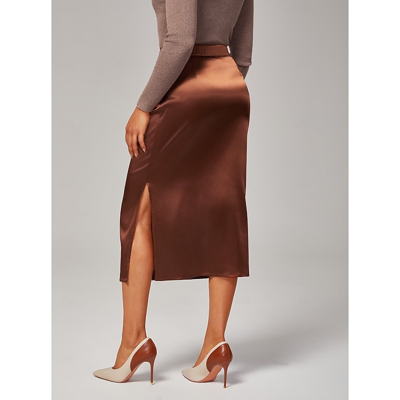 Women's Stretch Pearlescent Satin Elastic Waist Midi Skirt Elegant Office & Party Wear3