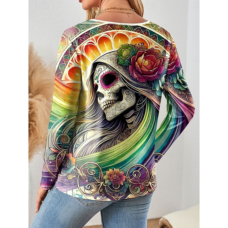 Halloween Women's T Shirt Skulls Graphic Vintage Stylish Classic Long Sleeve V Neck Regular Tops Daily Cut Out Print Pink Blue Orange Gray Spring Fall2