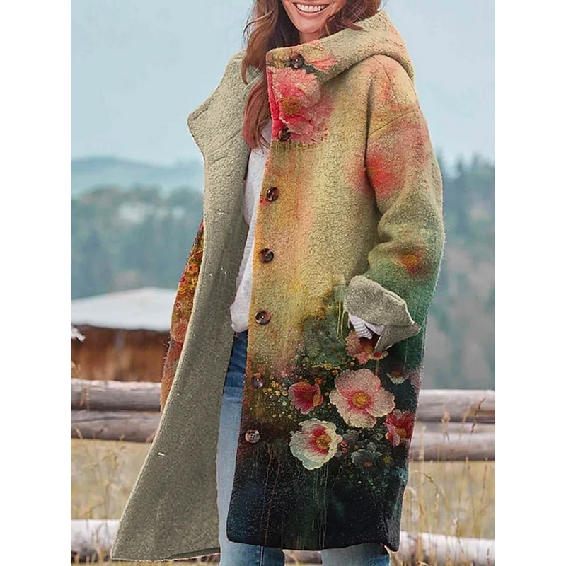 Women's Winter Jacket Fleece Jacket Coat Warm Breathable Pocket Buttons Print Active Daily Casual Floral Vacation Street Daily Single Breasted Long Hoodie Regular Fit Long Sleeve Outerwear Yellow4