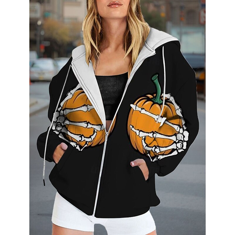 Halloween Women's Zip Up Hoodies Spider Web Graphic Pumpkin Fashion Casual Long Sleeve Hooded Regular Tops Street Dailywear Zipper Pocket Print Black Yellow Orange Spring Fall3