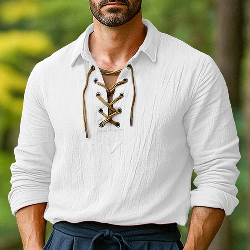 Men's Shirt Linen Shirt Viking Style Summer Shirt Beach Wear Solid Color Vacation Street White Orange Green Light Blue Long Sleeve Collarless Clothing Apparel