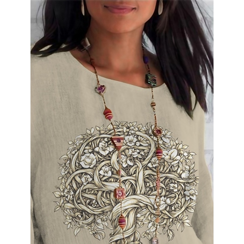 Women's Shirt Tree Daily Casual 3/4 Length Sleeve Crew Neck Regular Tops Daily Holiday Print Khaki Summer Spring Fall3