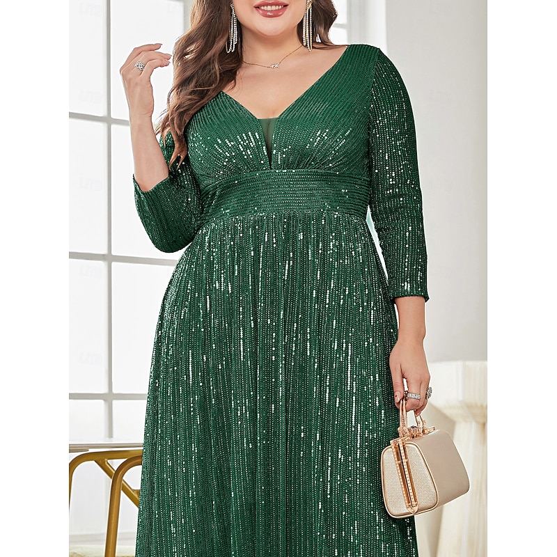 A-Line Party Dresses Elegant Dress Formal Floor Length Long Sleeve V Neck Fall Wedding Guest Sequined with Glitter Sequin4