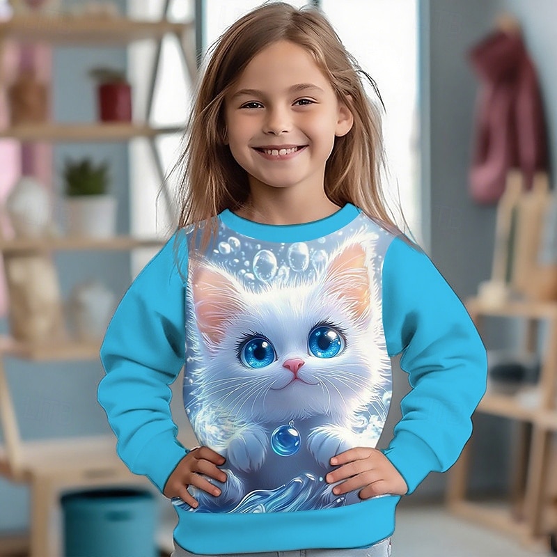 Girls' 3D Cat Sweatshirt Long Sleeve Spring Fall Fashion Basic Kids 4-12 Years Crew Neck Outdoor Casual Daily Regular Fit