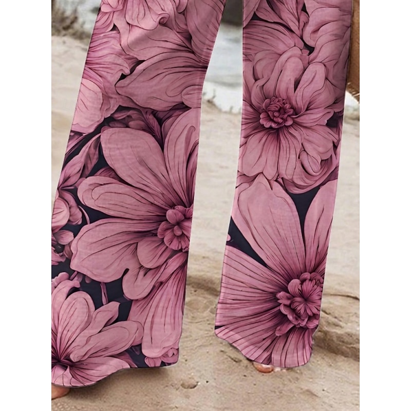 Women's Wide Leg Pants Trousers Vacation Casual Long High Waist Floral Elastic Waist Printing High Cut Breathability Soft Micro-elastic Vacation Street Daily Wear Fuchsia Spring Fall Regular Fit3