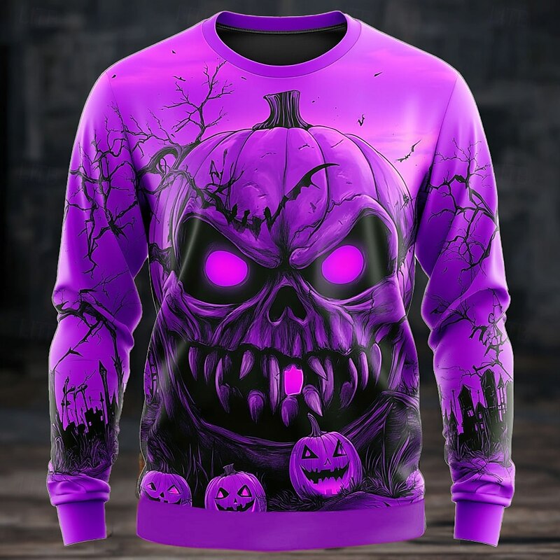 Halloween Men's Pumpkin Sweatshirt Punk Party Long Sleeve Crew Neck Vacation Yellow Purple Crewneck 3D All Seasons Designer4