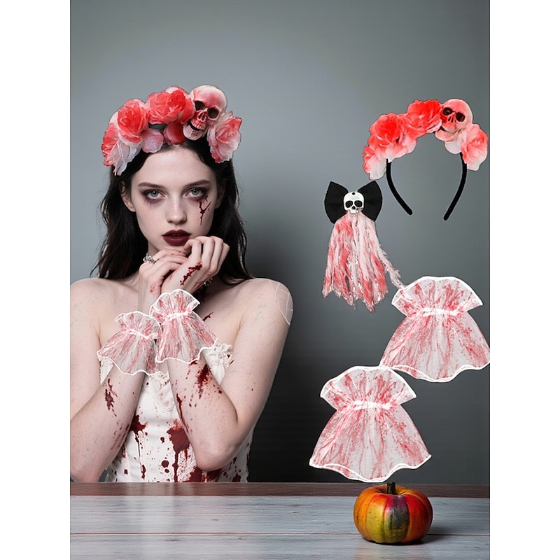 Women's Halloween Bloody Bride Costume Accessories Set - Skull and Rose Headband, Bloody Lace Wrist Cuffs and Horror Veil Props for Zombie, Vampire and Scary Party Outfits