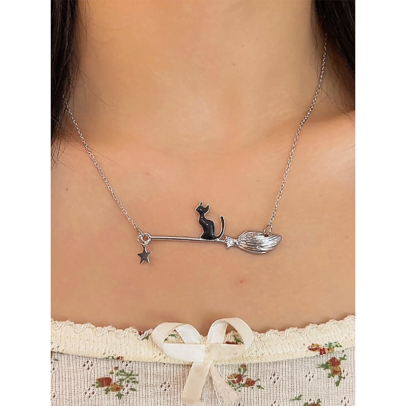 Women's Halloween Witch Broom Necklace with Black Cat and Star Pendant – Cute and Elegant Jewelry for Halloween Parties and Themed Occasions