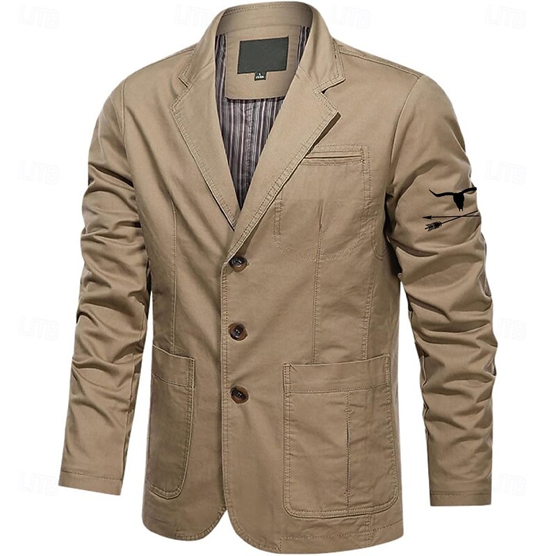 Men's Cow Print Cotton Suit Jacket Suits Coat Blazer Casual Outdoor Dailywear Long Sleeve Notch Lapel Collar Outwear Pockets Button Down Stripe Lined Suit Jacket Fall Winter Black khaki Army Green2