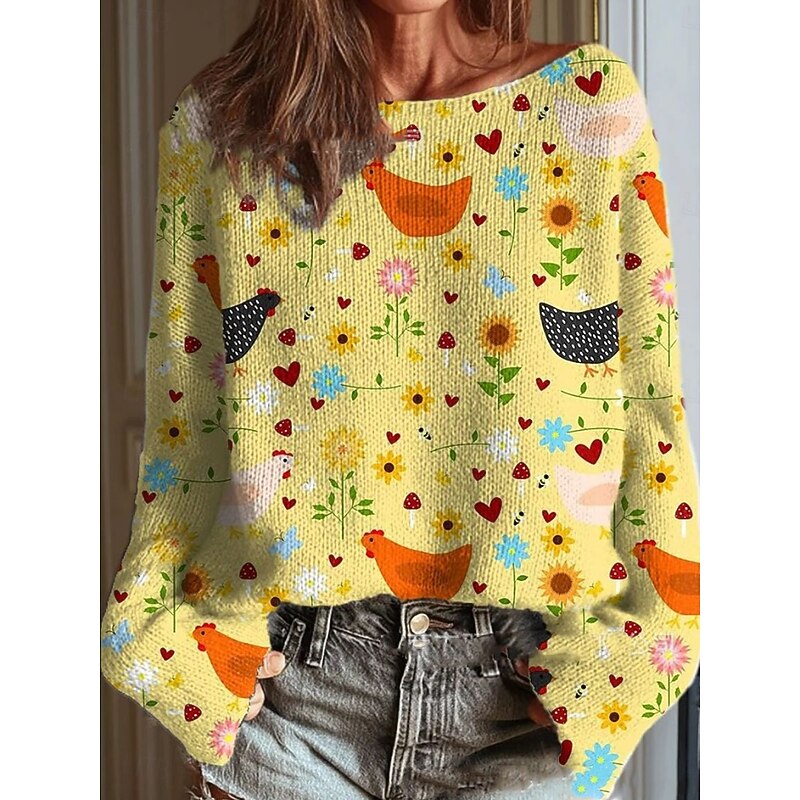 Women's Sweater Casual Soft Graphic Animal Ribbed Crew Neck Knitted Print Long Sleeve Regular Tops Knit Outdoor Daily Weekend White Yellow Fall Winter4